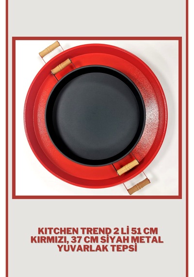 51 CM Kırmızı 37 CM Siyah 2 Li Metal Yuvarlak Tepsi Sunum Tep .