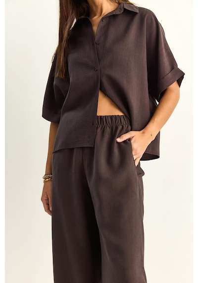 Shade Kadın Oversize Kısa Kol Gömlek Beli Lastikli Geniş Paça Pantolon Takım 7651 60286138 - Acı Kahve Çok Renkli