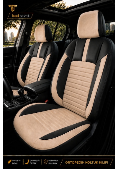 Nissan Note 2006-2012 Uyumlu İnci Serisi Bej Siyah Oto Koltuk Kılıfı