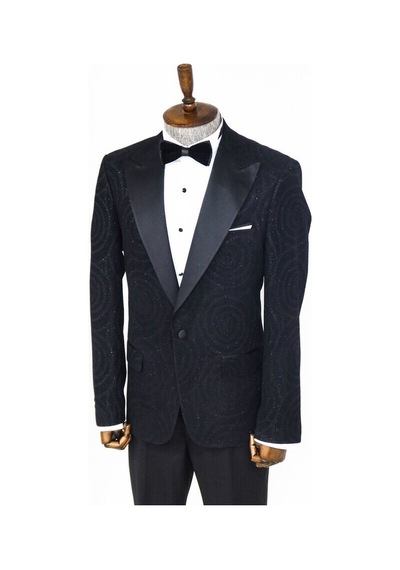 Wessi Hipnoz Desen Sivri Yaka Slim Fit Siyah Erkek Smokin Ceket Siyah