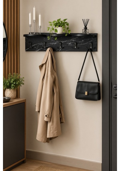 Sulorahome 5'li Duvar Askılığı Ve Raflı Portmanto Siyah Mermer Desenli 80 Cm