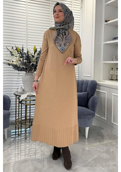 Rabia Şamlı İsra Triko Elbise Bej Normal