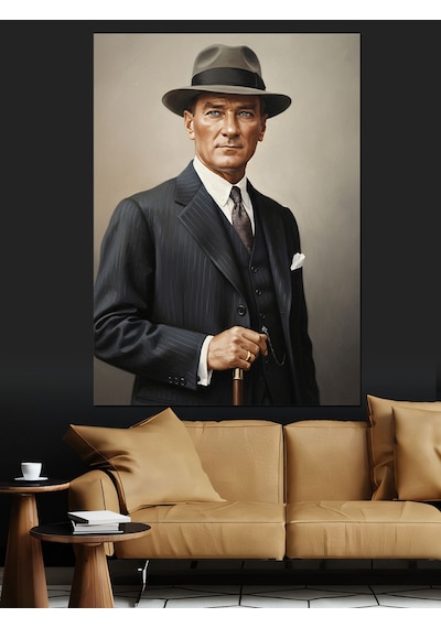 Ahşap Tablo Fötr Şapkalı Mustafa Kemal Atatürk Portresi