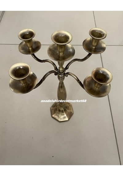 Dmr Dekoratif El Yapımı Pirinç Şamdan 5 Li Mumluk 5 Kollu Şamdan 38 Cm Sarı Pirinç