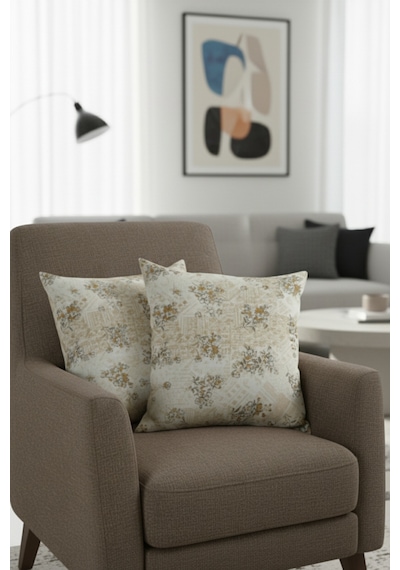 Chevron Bohem Dekoratif Punch Yastık Kırlent Kılıfı 2 Adet 45x45 Modern Çiçek Bej 45 x 45