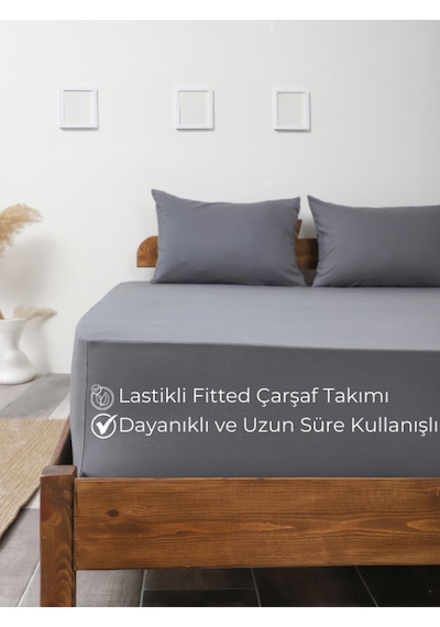 Antrasit Lastikli Çarşaf Takımı Fitted Pamuklu Kumaş Yastık Kılıflı