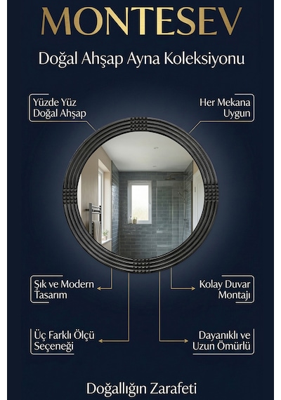 Safir Ahşap Siyah Yuvarlak Ayna Işlemeli Duvar Banyo Aynası 69 Cm