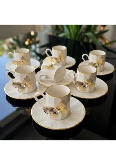 Çnr Home Collection Flora Luxe Serisi Altin Yaldizli Porselen Kahve Fincan & Tabaği - Çiçek Ve Kelebek Detayli 3 Model Altin