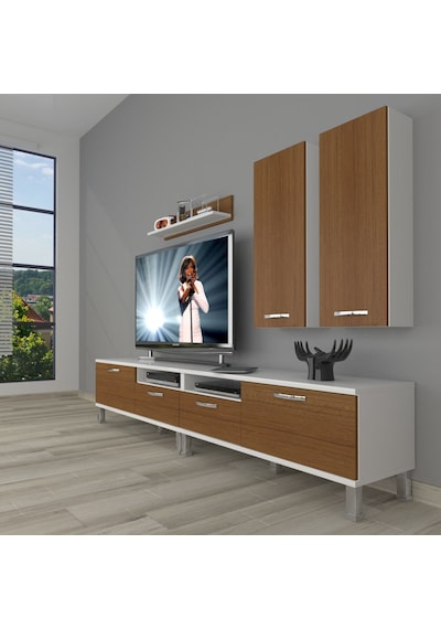 Decoraktiv Eko 5220d Slm Krom Ayaklı Tv Ünitesi Tv Sehpası Beyaz - Ceviz