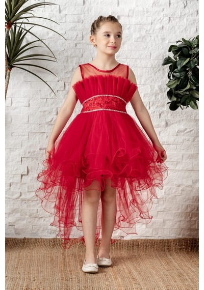 Mnk Baby & Kids Uzun Kuyruk Tütülü Askılı Kız Filira Elbise Mnk0584 Kırmızı