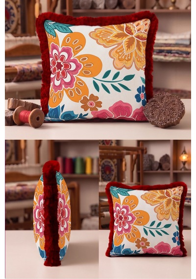 Boho Çiçek Motifli Saçaklı Yastık Kılıfı-tropik Botanik Retro Turuncu Bordo Püsküllü Kırlent Kılıfı Haki