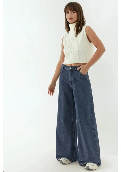 Hiccup Yüksek Bel Geniş Bacaklı Kot Pantolon Koyu Mavi Denim