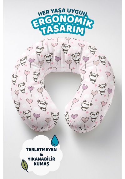 Panda Desenli Pamuklu Boyun Yastığı - Sevimli Kalpli Pembe Mor Çocuk & Yetişkin Seyahat Yastığı Canlı Dumanlı Platin