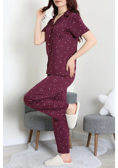 Modi Milan Kumaş Düğmeli Pijama Takımı Mürdüm - 750.1287. Açık Bej - Siyah