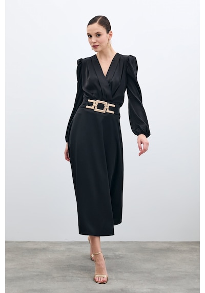 Sateen Bel Aksesuarlı Saten Krep Etek - Siyah-135688 Siyah