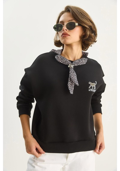 Shade Kadın Fular Detaylı Leopar Nakışlı Üç İplik Şardonlu Oversize Sweatshirt 6917 60283616 - Siyah