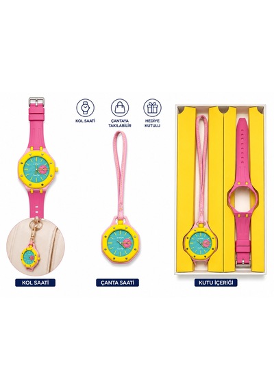 Duostyle 2'si 1 Arada Analog Kol Saati Ve Çanta Saati Silikon Kordonlu Unisex Pembe