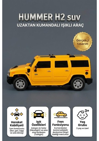 Uzaktan Kumandalı 7 Fonksiyonlu Işıklı Tepe Lambalı 1:16 Ölçek Hummer Suv Oyuncak Arazi Arabası Sarı