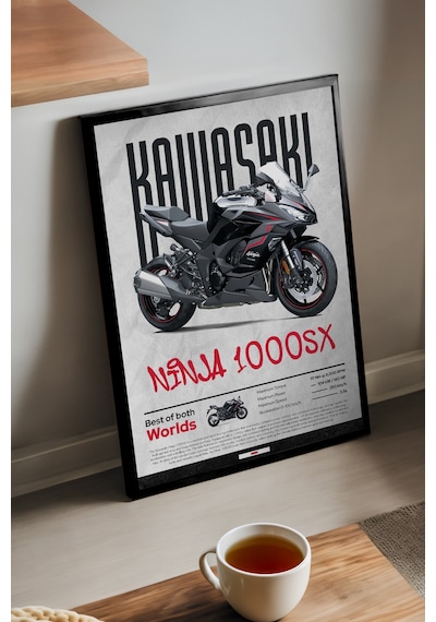 Kawasaki Ninja 1000 Sx Siyah Ahşap Çerçeveli Poster, Dekoratif Motosiklet Duvar Tablosu