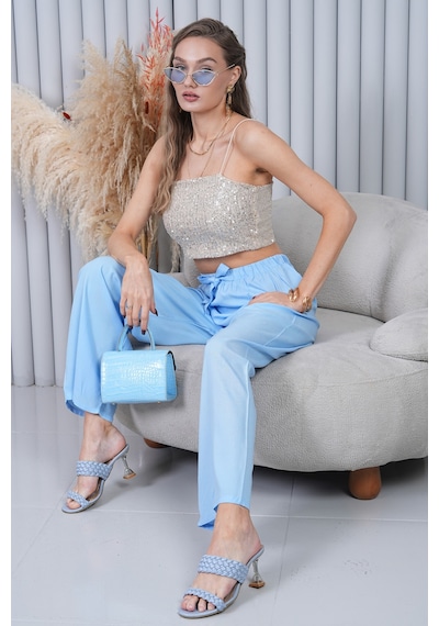 Polologin Butik Beli Bağcıklı Yüksek Bel Bol Paça Açık Mavi Pantolon Mavi