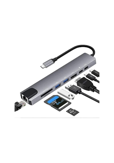 Apple Uyumlu MacBook Pro Air Usb Type-c 8 Hub Dönüştürücü Çevirici Çoklayıcı Usb Hdmı Micro Sd 8in1