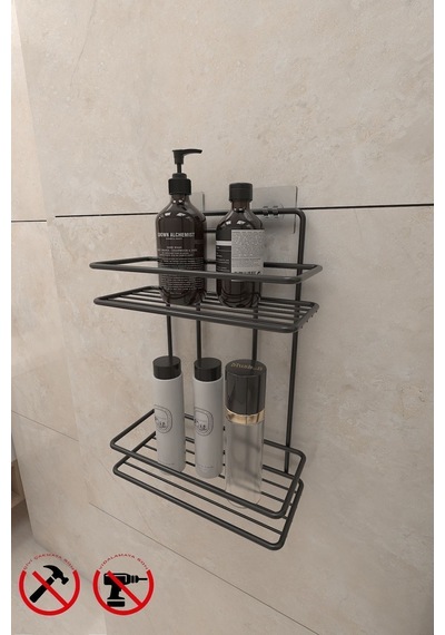 Alper Banyo Siyah 2 Katlı Düz Banyo Şampuanlığı, Yapışkanlı
