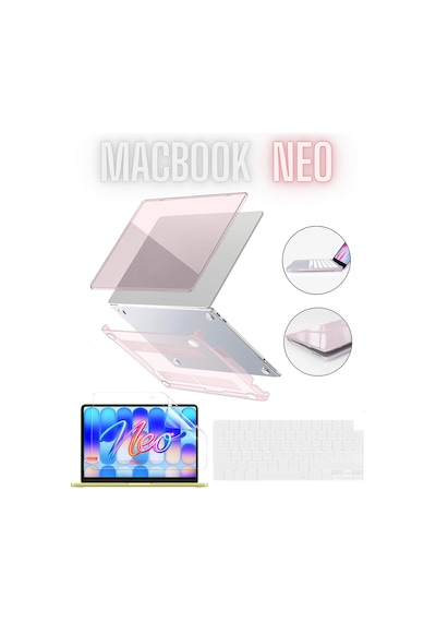 Macbook Neo 13 İnç A3404 Uyumlu Şeffaf Kılıf Ekran Ve Klavye Koruyucu Set Kristal Parlak Kapak Pembe