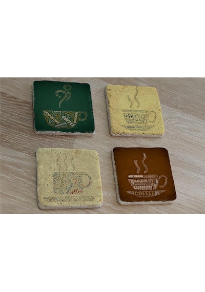 Tipografik Kahve Desenleri Doğal Taş Bardak Altlığı 4'lü Set - Natural Stone Coasters - Taş Beyaz