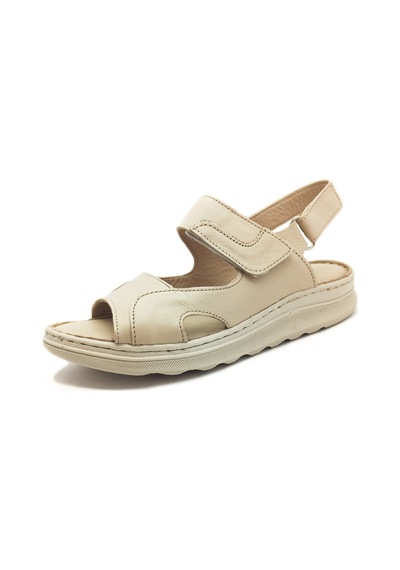 Hakiki Deri Bej Renk Bantlı Düz Taban Kadın Sandalet Bej