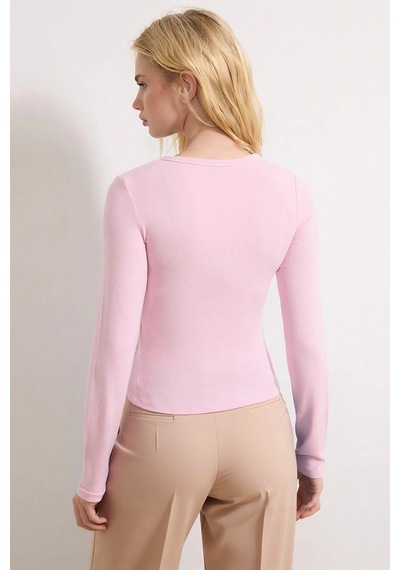 Benerly Kadın Bluz Bisiklet Yaka Uzun Kol Fitted Kalıp Örme Kumaş Çıtçıt Açık Pembe