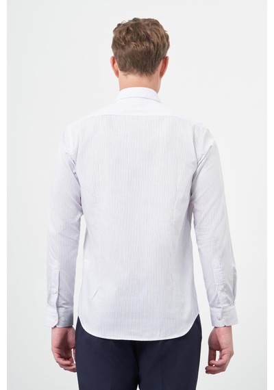 İmza Beyaz Uzun Kol Çizgili Desen Gabardin Sert Yaka Cepsiz Pamuklu Classic Slim Fit Gömlek 1004245205 Duman Beyaz