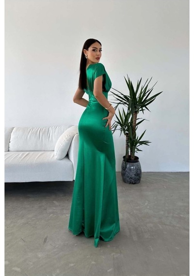 Lior Design Kadın Şık Saten Kumaş Balıkçı Yaka Büzgülü Abiye Elbise Zümrüt