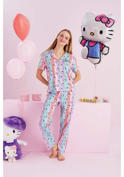 Siyah İnci Lisanslı %100 Pamuk Çok Renkli Düğmeli Pijama Takım