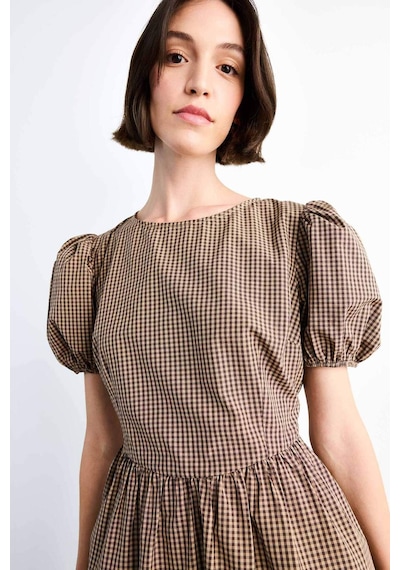 Defacto Fitted Kareli Poplin Kısa Kollu Mini Elbise F9944ax25smbn306 Kahve