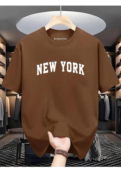 New York Beyaz Baskılı Oversize Tişört Kahverengi