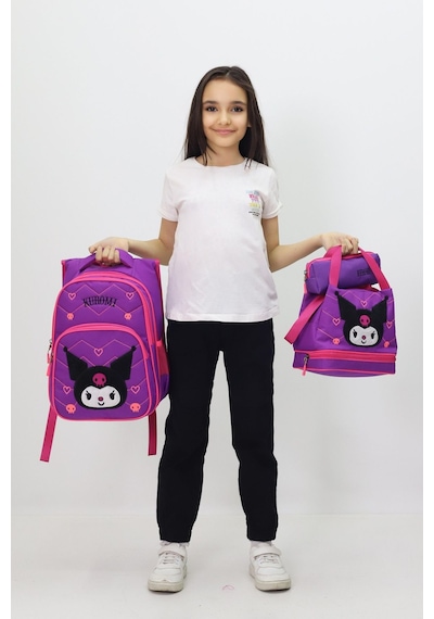 Kuromi Tasarımlı Kız Çocuk 3 Lü Okul Çanta Seti Sırt Çantası Termal Beslenme Çantası Kalemlik Mor