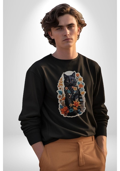 Çiçekli Siyah Kedi Etiket Unisex Siyah Baskılı Sweatshirt Siyah