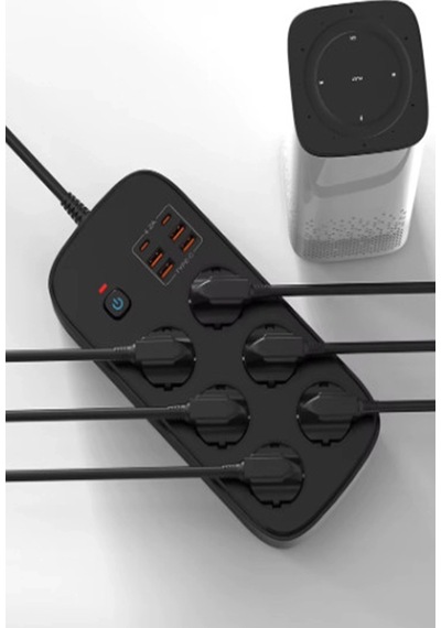 Termal Akım Korumalı 6 Lü Priz 4x Usb 2x Type-c Çıkışlı Grup Priz Çoğaltıcı 3500w Siyah 0