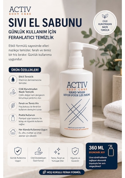 Actıv Body Care Nemlendirici Sıvı El Sabunu 360 Ml Günlük Kullanım İçin El Yıkama Sabunu