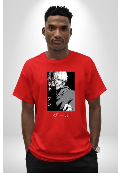 Kaneki Ken Kuma Japon Anime Şeytan Pamuklu Bisiklet Yaka Unisex Oversize Boyfriend Dijital Baskılı Kırmızı T-shirt Kırmızı