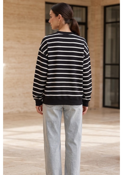 Rovebella Breton Çizgili İnce Penye Sweatshirt Siyah