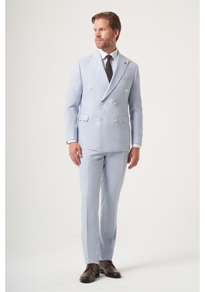 İmza Mavi Kırlangıç Yaka Kruvaze 6 Drop Slim Fit Tam Astar Esnek Takım Elbise 1001260902