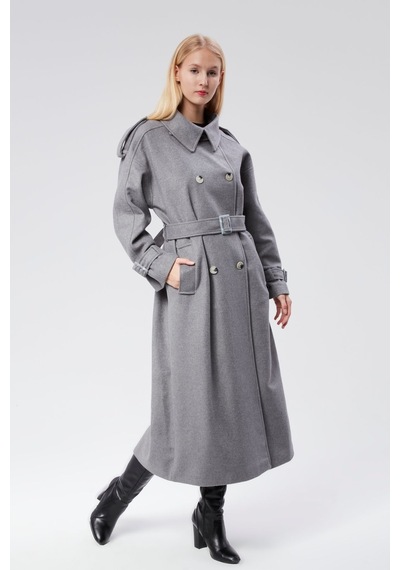 Kuşaklı Oversize Kaşe Kaban Gri
