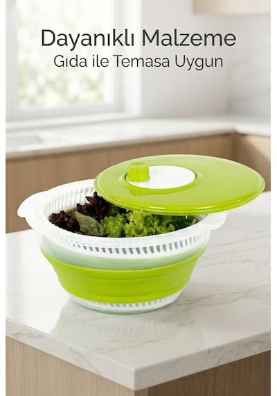 Katlanabilir Salata Kurutucu - Süzgeç Ve Kase Seti - 3 Ü 1 Arada 4.5 Litre Yeşil
