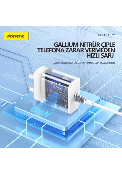 Foneng EU62 GaN 45W PD Type-c Girişli Hızlı Şarj Adaptörü Siyah