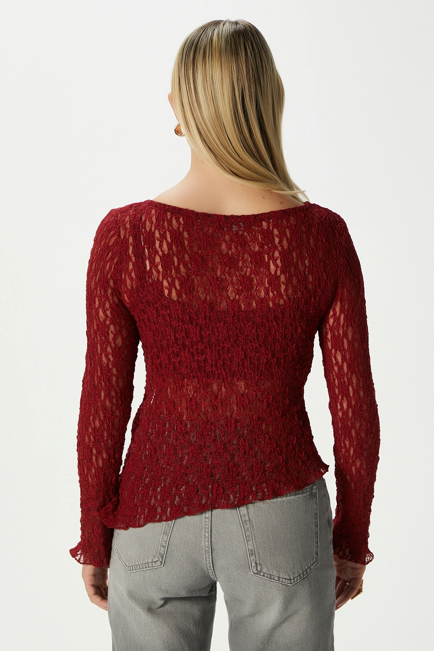 Ritnice Angel Asimetrik Bordo Uzun Kollu Dantel Top / Bluz Bordo