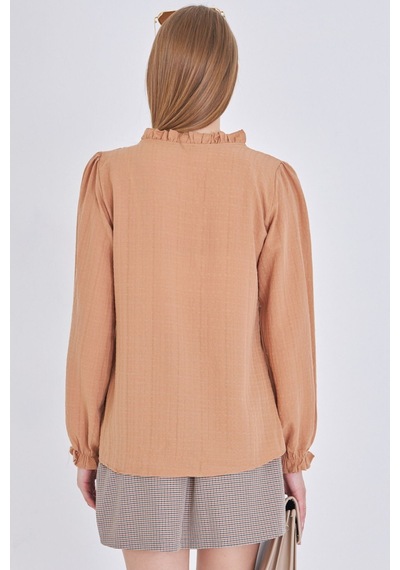 Armonika Kadın Camel Yakası Ve Önü Fırfır Detaylı Kolları Lastikli Uzun Kollu Bluz Arm-25k001030