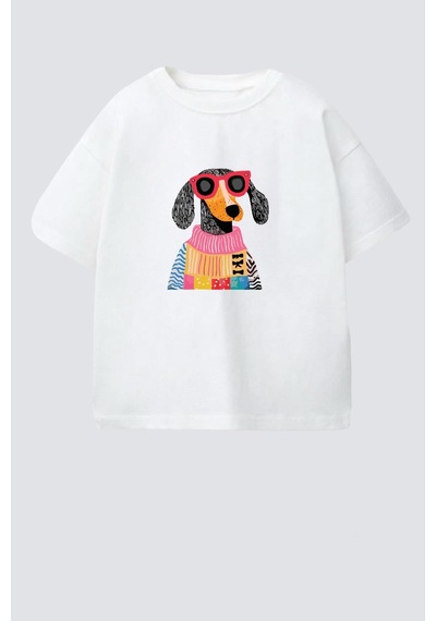 Monila Kız Çocuk Köpek Baskılı Pamuklu Bisiklet Yaka T-shirt Ekru