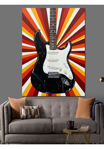 Ahşap Tablo Retro Fonlu Elektro Gitar