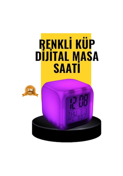 Buğz 7 Renk Led Işıklı Alarmlı Dijital Küp Masa Saati Termometreli - 4992 .